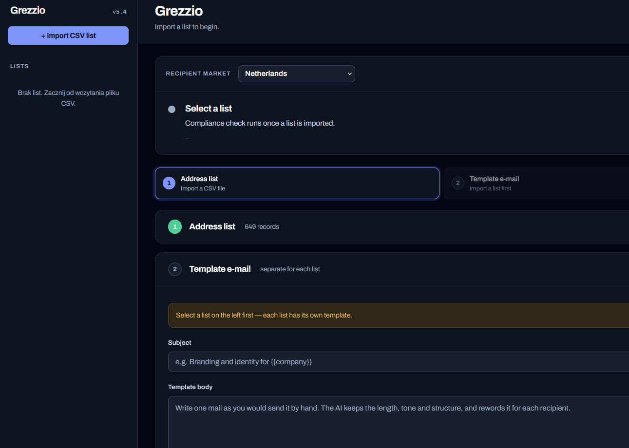 Grezzio's template editor with personalization tokens for company, name, city, industry and website